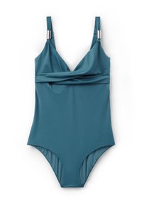 Teal baddräkt med draperad framsida, justerbara axelband med silverdetaljer och högskuren design. Slät tygtextur.