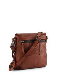 Bolso bandolera de cuero marrón con acabado texturizado, cuenta con un bolsillo delantero con cremallera y una correa ajustable, mostrando un parche de logo sutil.