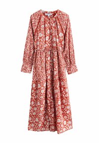 Rochie lungă roșie cu modele florale albe, mâneci lungi, decolteu drapat și talie strânsă pentru un siluetă în formă de A.