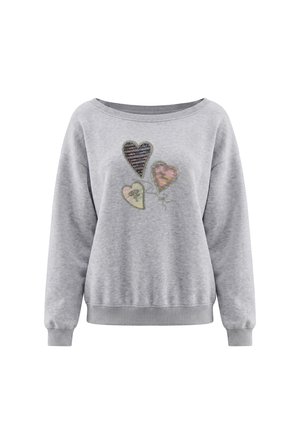 Lysegrå langærmet sweatshirt med bred halsudskæring og tre hjerteformede balloner broderet i blandede farver på brystet.