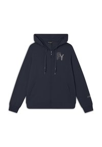 Felpa con zip blu navy in tessuto morbido con cappuccio, caratterizzata da un logo in strass argentati e tasche laterali. I polsini e l'orlo sono a coste.