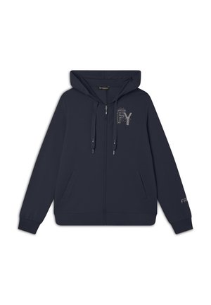 Felpa con zip blu navy in tessuto morbido con cappuccio, caratterizzata da un logo in strass argentati e tasche laterali. I polsini e l'orlo sono a coste.