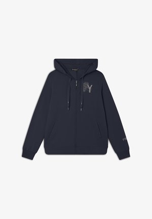 Felpa con zip blu navy in tessuto morbido con cappuccio, caratterizzata da un logo in strass argentati e tasche laterali. I polsini e l'orlo sono a coste.