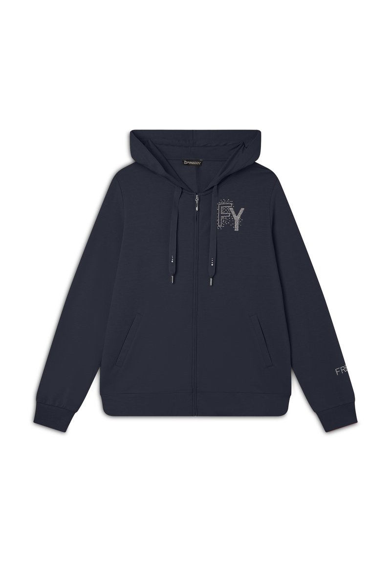 Felpa con zip blu navy in tessuto morbido con cappuccio, caratterizzata da un logo in strass argentati e tasche laterali. I polsini e l'orlo sono a coste.