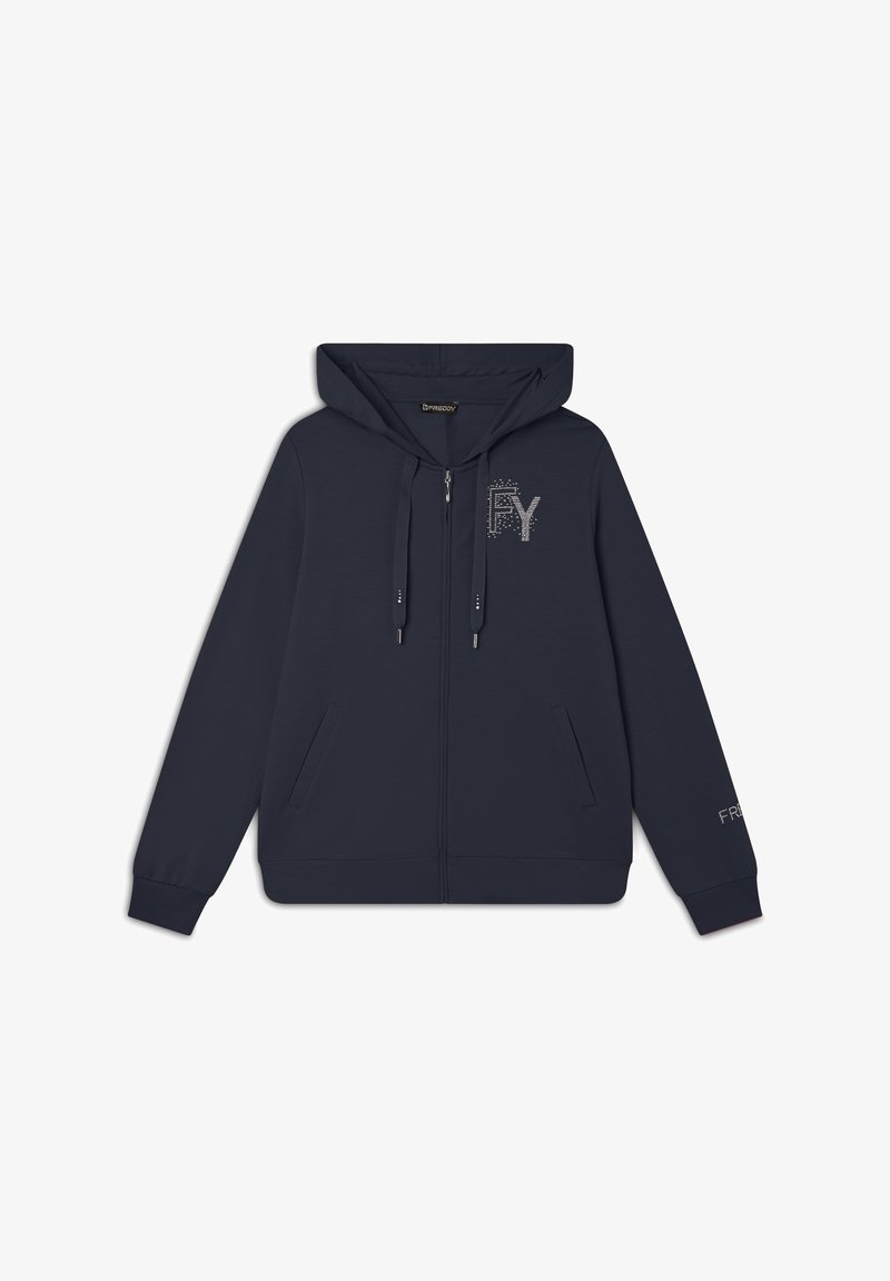 Felpa con zip blu navy in tessuto morbido con cappuccio, caratterizzata da un logo in strass argentati e tasche laterali. I polsini e l'orlo sono a coste.
