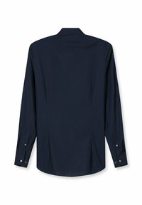 Marineblauw shirt met lange mouwen, een puntige kraag, knoopmanchetten en een rechte zoom. Gladde stof met plooien aan de zijkant aan de achterkant.