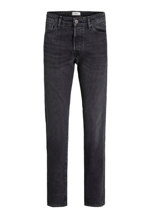 Black slim-fit denim jeans with front button and zipper, featuring five pockets and belt loops, displayed on a white background.