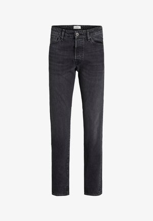 Vaqueros de mezclilla negros ajustados con botón frontal y cremallera, que cuentan con cinco bolsillos y pasadores para cinturón, exhibidos sobre un fondo blanco.