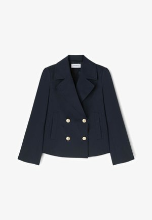 Granatowa marynarka dwurzędowa z szerokimi klapami, czterema złotymi guzikami i dwoma pionowymi kieszeniami, rozłożona na płasko na białym tle.