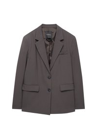 Blazer gris foncé à coupe simple boutonnage, deux poches avant, revers à cran et boutons noirs. Texture lisse et coupe ajustée.