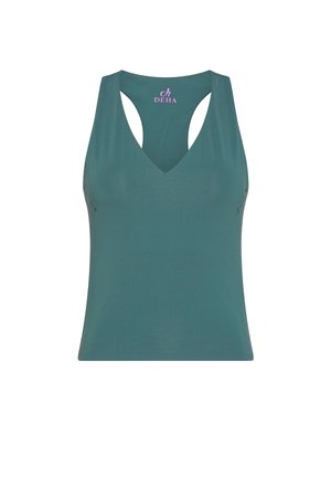 Mouwloos atletisch tanktop in teal met een racerback ontwerp en een roze "DEHA"-logo op de bovenrug dichtbij de halslijn.