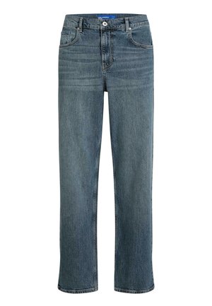 Jean droit en denim bleu avec poches avant, passants pour ceinture et fermeture par bouton.