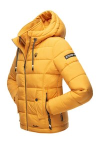 Yellow padded jacket with a hood, featuring zip closures, side pockets, and a logo patch on the sleeve. Smooth texture, insulated design.