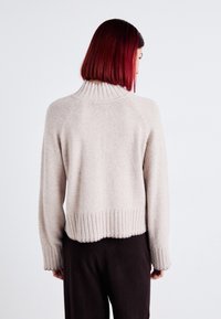 Pull beige en tricot avec un col montant côtelé, des épaules tombantes et un ourlet raccourci. Caractéristiques : poignets côtelés et texture douce.