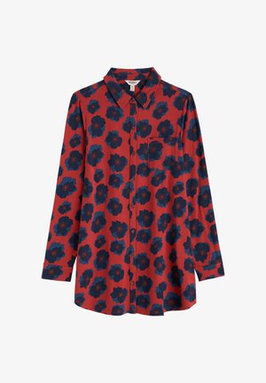 Červená košeľa s dlhým rukávom so kvetinovým vzorom, s námorníckymi modrými kvetmi a náprsnom vreckom. Mäkká tkanina s golierom na gombíky.