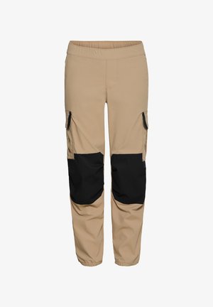 Bézs színű cargo nadrág fekete térdpárnákkal, elasztikus derékpánttal és szegélyekkel, oldalán fedeles zsebekkel a praktikum és tartósság érdekében.