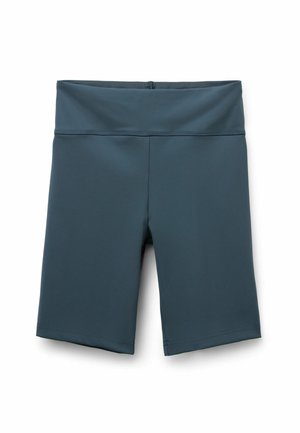 Shorts de compression en bleu foncé, fabriqués à partir de tissu extensible. Présentent une taille large et des bords ourlés. Texture lisse avec des coutures minimales.