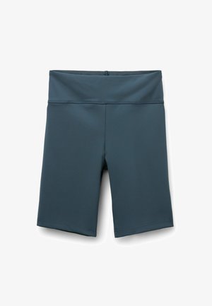 Shorts de compression en bleu foncé, fabriqués à partir de tissu extensible. Présentent une taille large et des bords ourlés. Texture lisse avec des coutures minimales.
