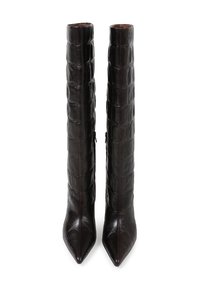 Dark brown knee-high boots with pointed toes and a crocodile leather texture, shown upright with side zippers visible.