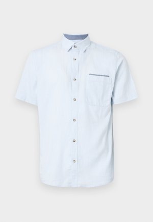 Light blue short-sleeve shirt made of soft fabric, featuring a button front, a single chest pocket, and a contrasting collar detail.
