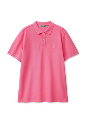 Short-sleeve pink polo shirt with collar and two buttons, featuring a small logo on the left chest against a white background.