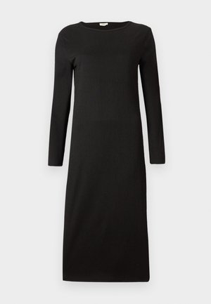 Fekete, hosszú ujjú ruha kerek nyakkivágással és egyenes siluettel. Simogatós tapintású, minimalista megjelenésű és térd alá érő fazon.