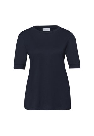 Merensininen lyhythihainen T-paita pyöreällä pääntiellä ja suoralla helmalla, esitetty valkoisella taustalla.