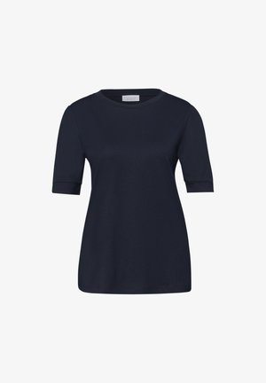 Merensininen lyhythihainen T-paita pyöreällä pääntiellä ja suoralla helmalla, esitetty valkoisella taustalla.