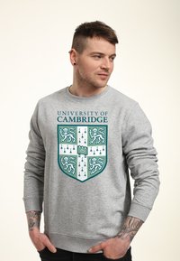 Felpa grigia con il simbolo dell'Università di Cambridge in verde e bianco. Materiale in cotone, collo rotondo, maniche lunghe e polsini a coste.