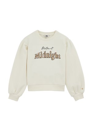 Cremefarbenes Sweatshirt mit dem Schriftzug "Midnight" in fetten, glitzernden Buchstaben. Gepolsterte Ärmel mit gerippten Bündchen, Stern-Akzent auf dem linken Ärmel.