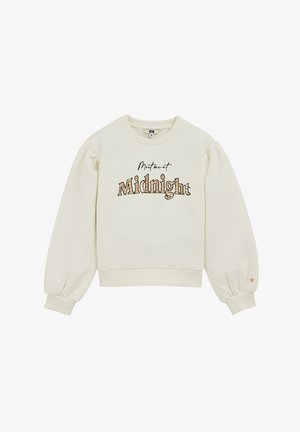 Kermansävyinen collegepaita, jossa on rohkeat, kimaltavat "Midnight"-kirjaimet. Puhalletyt hihat resoreilla ja tähtikoriste vasemmassa hihassa.