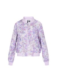 Lichte bomberjack in pastelpaars met een bloemenprint. Beschikt over een ritssluiting aan de voorkant, geribbelde manchetten en tailleband voor een strakke pasvorm.