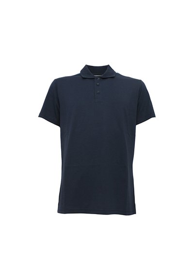 Polo shirt blu navy realizzato in tessuto di cotone, maniche corte, patta con tre bottoni e colletto. Texture liscia in tutto il capo.