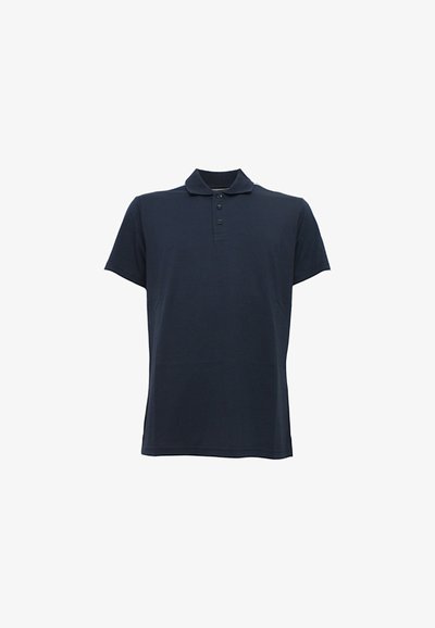 Polo shirt blu navy realizzato in tessuto di cotone, maniche corte, patta con tre bottoni e colletto. Texture liscia in tutto il capo.