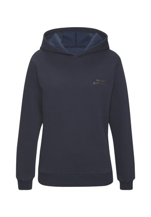 Navy blue hooded sweatshirt with long sleeves and small gold embroidered text on the left chest area.