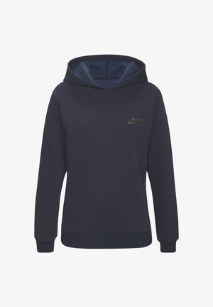 Navy blauwe capuchonsweatshirt met lange mouwen en kleine goudkleurige geborduurde tekst op het linker borstgedeelte.