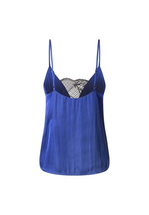 Camisón de satén azul con tirantes finos, que presenta un panel de encaje en el frente y un corte relajado. Textura suave, diseño simple.