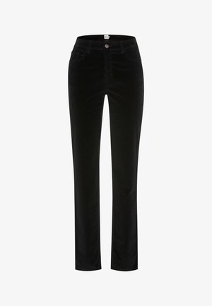 Pantaloni neri a gamba dritta con chiusura a bottone e zip, tasche anteriori e posteriori, e passanti per cintura, esposti su uno sfondo bianco.