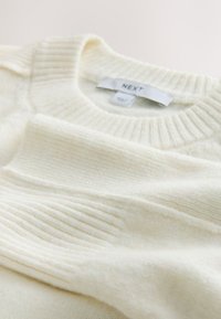 Pulover tricotat cu dungi crem, cu decolteu rotund și o etichetă de material a brandului „NEXT” în interiorul gulerului.