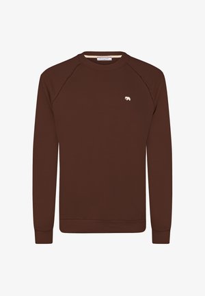 Bruine katoenen sweatshirt met raglanmouwen, geribbelde boorden en een klein wit berenlogo op de borst. Gladde textuur, casual ontwerp.