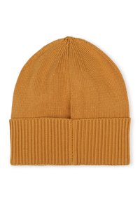 Bonnet tricoté jaune moutarde avec un revers côtelé, présentant une texture lisse et des détails subtils de couture sur la couronne.
