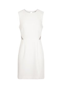 Robe blanche sans manches avec un corsage cintré, des découpes sur les côtés avec des détails en maille et une discrète ouverture en forme de clé dans le dos. Design simple et élégant.