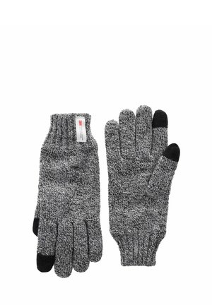 Szürke és fekete kötött kesztyű, bordás mandzsettával és érintőképernyő-kompatibilis ujjheggyel a kényelmes használat érdekében.