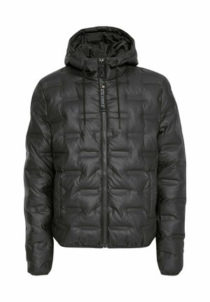 Giacca nera imbottita con cappuccio, dotata di chiusura con zip, polsini elasticizzati e un motivo di cucitura visibile. Texture liscia e lucida.