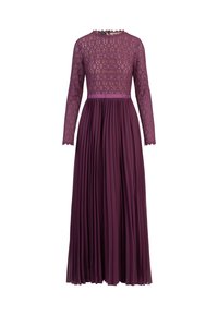 Mekko, jossa on pitkät hihat, kuvioitu violetti pitsikorsetti ja taitettu violetti hame, vyötäröllä satiinivyö ja aallotetut reunat.