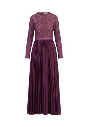 Long-sleeve dress with a patterned purple lace bodice and a pleated purple skirt, featuring a satin band at the waist and scalloped edges.