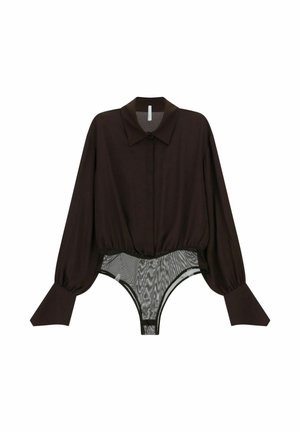 Blusa nera a maniche lunghe con colletto strutturato e parte inferiore a body in mesh trasparente, con vita aderente e polsini svasati.