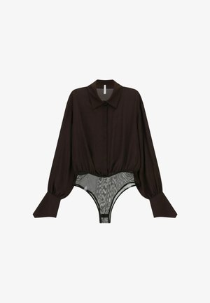 Blusa nera a maniche lunghe con colletto strutturato e parte inferiore a body in mesh trasparente, con vita aderente e polsini svasati.