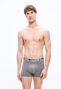 Szare bokserki bawełniane z czarną gumą w pasie z logo "KARL LAGERFELD". Gładka faktura, dopasowany krój, długość do połowy uda.