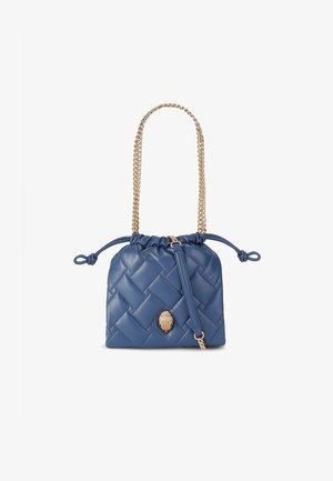 Woven blue leather handbag with a gold chain strap, drawstring closure, and a gold logo accent on the front. Textured surface.